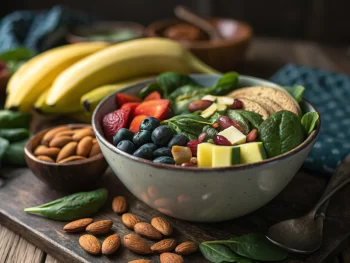 Cuenco con frutas y verduras coloridas sobre una mesa de madera rústica, iluminado de forma vívida.