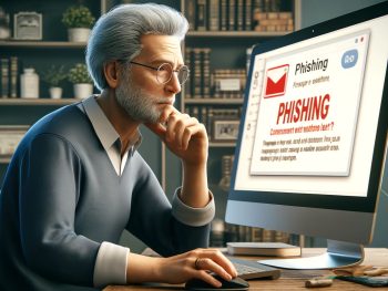 Adulto mayor concentrado en una pantalla de computadora, aprendiendo sobre cómo prevenir el phishing y mantenerse seguro en línea. Imagen que representa la importancia de la educación y la concientización sobre la seguridad digital para los adultos mayores