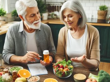 Adultos mayores tomando notas de medicamentos y alimentos, gestionando su salud