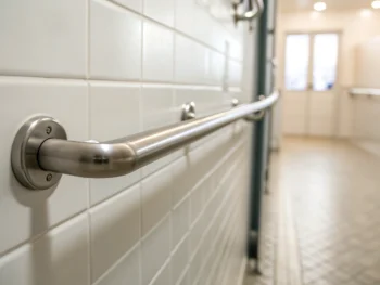 Primer plano de un pasamanos de seguridad de metal pulido en un baño minimalista, resaltando su brillo y textura con un fondo desenfocado de azulejos blancos.