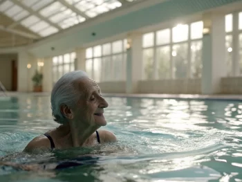 Anciano realizando ejercicios acuáticos en una piscina interior, con luz natural que crea un ambiente de tranquilidad y serenidad. El primero plano destaca la superficie del agua, y la figura está suavemente sonriente, irradiando calma.