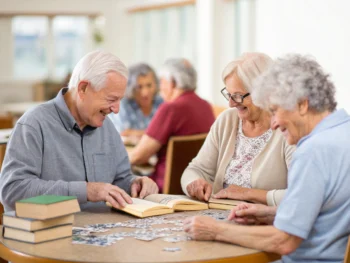 Grupo de jubilados conversando animadamente alrededor de una mesa redonda en un centro comunitario, rodeados de libros y puzzles. El ambiente cálido y acogedor reflejado por la luz difusa, enfatiza su conexión y disfrute en actividades compartidas.