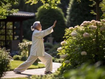 Anciano practicando tai chi en un jardín tranquilo, con vegetación verde y flores suaves en un ambiente sereno, destacando la calma y el equilibrio con luz natural.