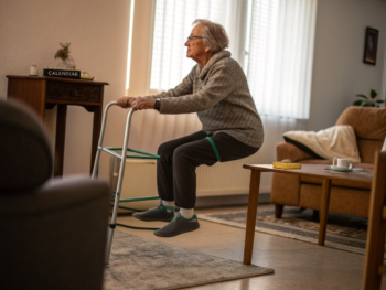 Persona mayor no identificable sentada en un sillón elevando la pierna recta con un peso en el tobillo y una banda de resistencia; manos sujetan el sillón, andador plegado y calendario con casillas marcadas en un fondo hogareño minimalista y luz suave.