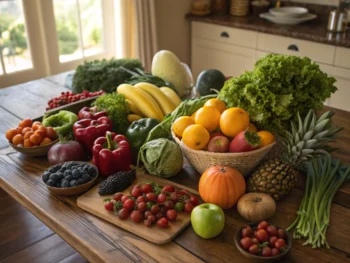 Mesa de cocina de madera con una disposición simétrica de frutas y verduras frescas y coloridas, iluminadas por luz natural.