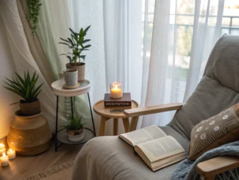 Rincón de meditación para personas mayores con silla cómoda, cojines suaves, mesa con vela encendida y libro abierto, iluminado por luz natural a través de cortinas.