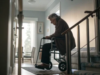 Persona mayor con dispositivo de movilidad en un hogar adaptado, con iluminación suave y detalles de seguridad en el entorno.