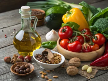 Ingredientes de la dieta mediterránea: verduras frescas, aceite de oliva y nueces sobre una mesa de madera rústica, en una composición visual saludable y colorida.