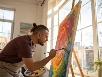 Pintura vibrante en un lienzo en un estudio de arte iluminado por luz natural, con colores audaces y pinceladas texturizadas. Composición descentrada que destaca la belleza y la creatividad del proceso de pintar.