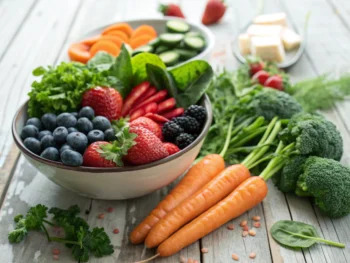 Tazón con arándanos, fresas, zanahorias, espinacas y brócoli sobre una mesa de madera rústica, iluminados suavemente para resaltar su frescura y colorido.