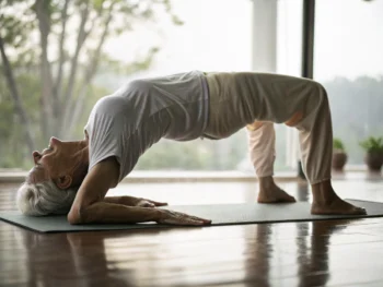 Persona mayor realizando la postura de puente en una esterilla de yoga, con un enfoque en su movimiento controlado y expresión tranquila, en un entorno iluminado y sereno.