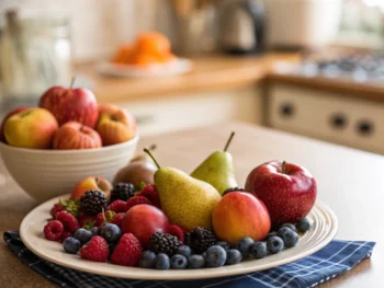 Plato de frutas coloridas en una mesa de cocina acogedora, incluyendo manzanas, peras y bayas, iluminadas suavemente para resaltar su frescura y vitalidad.