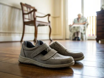 Zapatos ergonómicos y antideslizantes para ancianos, sobre un piso de madera pulida, con una luz suave y un fondo que sugiere un ambiente cómodo y seguro para personas mayores.