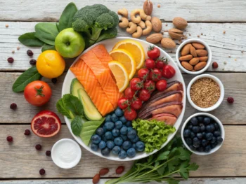 Asortimiento colorido de frutas, verduras, nueces y pescado dispuestos simétricamente sobre una mesa de madera rústica, destacando los colores vivos y la frescura de los alimentos.