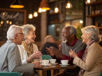 Grupo de personas mayores conversando animadamente en un café acogedor, con una decoración cálida y luz natural que destaca sus expresiones.