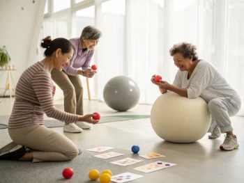 Grupo de adultos realizando ejercicios de coordinación en un aula luminosa, utilizando una pelota, pesas pequeñas y tarjetas de colores, con un fondo limpio que resalta la interacción y movimiento de los objetos.