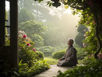 Anciano meditando en un jardín verde lleno de flores, con luz suave y ambiente sereno.