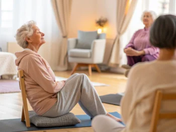 Elderly person practicing gentle yoga twist on a chair in a serene indoor setting, surrounded by soft cushions and light drapery.