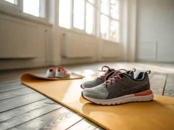 Zapatillas de correr en una esterilla de yoga, resaltadas por una luz suave, simbolizando el apoyo y la comodidad para ejercicios de bajo impacto para mayores.