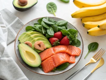Plato de frutas y verduras frescas, incluyendo aguacates, plátanos y espinacas, sobre una mesa iluminada con luz suave, destacando la frescura y colorido de los alimentos, simbolizando un estilo de vida saludable.