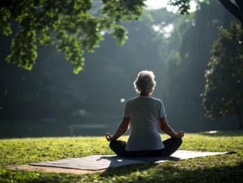 Anciano practicando yoga en un parque verde, sentado en una esterilla en pose meditativa, con un entorno sereno y luz suave.