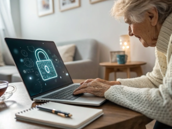 Consejos seguridad online para personas de tercera edad: proteger datos personales y privacidad digital Persona mayor con suéter inclinada sobre un portátil, manos sobre el teclado; la pantalla muestra un candado brillante y un campo de verificación. Fondo del salón desenfocado con una foto familiar; cuaderno y bolígrafo junto a la computadora. Enfoque en manos y reflejos de pantalla.