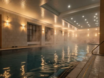 Piscina terapéutica interior iluminada suavemente, con superficie de agua tranquila y vapor cálido, que evoca un ambiente de relajación y sanación.