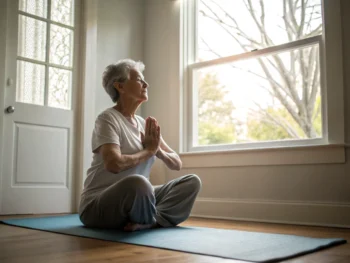 Un adulto mayor practicando yoga en casa, enfocado en una postura tranquila, con luz natural que entra por la ventana y una atmósfera de paz y concentración.