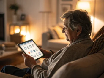 Persona mayor interactuando con una tableta en un ambiente cómodo, con íconos grandes que simbolizan el empoderamiento digital.