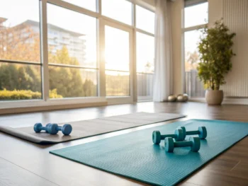 Sala de ejercicio bien iluminada con esteras de yoga y pesas ligeras, inundada de luz natural en la mañana, creando un ambiente tranquilo y organizado.