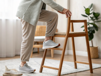 Persona mayor practicando equilibrio en casa, sujetando ligeramente una silla de madera con las manos; un pie apoyado y el otro levantado unos centímetros. Lleva zapatos antideslizantes y un cárdigan de punto; alfombra suave y planta en maceta desenfocadas al fondo. Iluminación difusa y composición que enfatiza manos, textura del tejido y la suela del zapato. Par de zapatos de paseo colocados cerca.