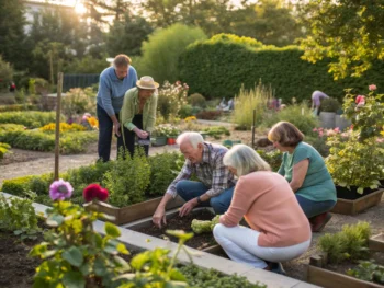 Un grupo de personas mayores en un jardín comunitario, trabajando juntos en las plantas y compartiendo historias, con un ambiente cálido y acogedor. La imagen muestra herramientas de jardinería y vegetación vibrante, simbolizando la colaboración y el crecimiento.
