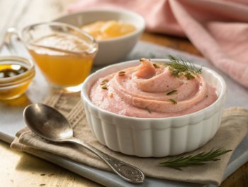 Primer plano de cuenco cerámico humeante con puré salmón cremoso, aceite y eneldo, cucharita en el borde y vaso corto de jugo espeso; fondo de cocina cálida desenfocado.