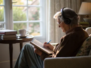 Anciano en una sala de estar acogedora, con cuaderno en mano, repitiendo palabras mientras escucha audio a través de auriculares. La luz natural ilumina la habitación, con libros y una taza de té de fondo.