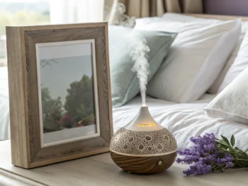 Difusor de aceites esenciales en un dormitorio tranquilo, con humo aromático, almohadas suaves y un ramo de lavanda en un entorno relajante.