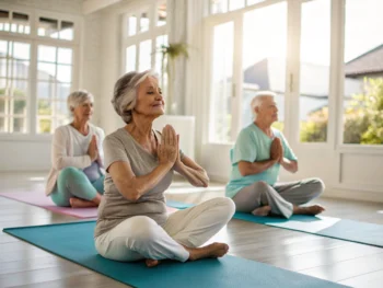 Grupo de adultos mayores realizando ejercicios de yoga en una sala iluminada, con un ambiente acogedor y positivo, sin individuos identificables.