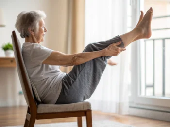 Persona mayor haciendo ejercicios de equilibrio en casa, enfocándose en las piernas y pies durante elevaciones de talones, con luz natural suave y un fondo difuso.