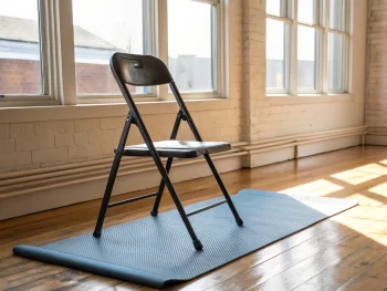 Silla robusta y simple para yoga sobre una esterilla antideslizante en un ambiente tranquilo y luminoso, con un enfoque en la estabilidad y comodidad.