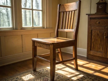 Silla de madera robusta en un ambiente cálido y acogedor, iluminada con luz natural que resalta su textura y simboliza estabilidad.