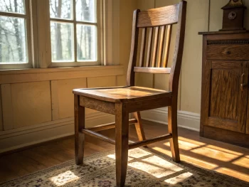 Silla de madera robusta en un ambiente cálido y acogedor, iluminada con luz natural que resalta su textura y simboliza estabilidad.