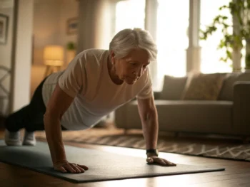 Persona mayor practicando yoga suave en una esterilla en un salón iluminado con luz natural, transmitiendo paz y vitalidad.