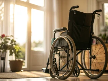 Silla de ruedas en un ambiente hogareño suave, símbolo de apoyo y empoderamiento, con iluminación cálida y detalles nítidos.