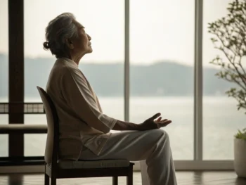 Persona mayor haciendo yoga en una silla, con expresión serena y postura cuidada, en un ambiente interior sereno y iluminado suavemente.