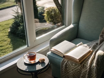 Rincón de lectura acogedor junto a una ventana grande, con un libro abierto iluminado por la luz natural y una taza de té sobre una mesa lateral.
