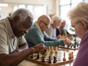 Grupo diverso de adultos mayores jugando ajedrez en un centro comunitario luminoso, enfocados en el tablero.