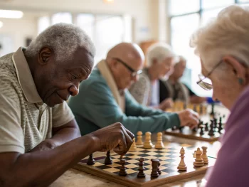 Grupo diverso de adultos mayores jugando ajedrez en un centro comunitario luminoso, enfocados en el tablero.