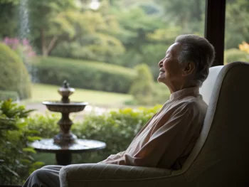 Anciano practicando meditación mindfulness en una silla suave en un entorno natural, rodeado de vegetación, con una expresión tranquila y una fuente serena de fondo.