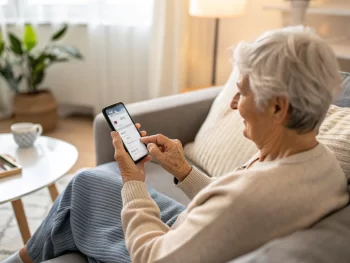 Un adulto mayor en un salón acogedor, utilizando un smartphone para acceder a una aplicación de salud. La luz natural crea un ambiente cálido y acogedor, y la imagen destaca las manos sosteniendo el teléfono y su enfoque en la pantalla.