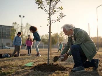 Anciano voluntario plantando un árbol en un parque comunitario, con niños jugando al fondo. La imagen transmite altruismo y conexión con la comunidad, iluminada por luz natural.