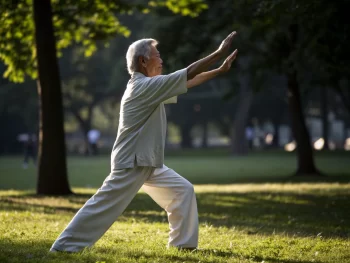 Un anciano practicando tai chi en un parque, capturando un momento de serenidad y equilibrio. La luz natural acentúa su movimiento fluido, en un entorno tranquilo y despejado.